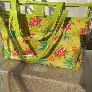 Large tote, clear plastic over inner fabric bag